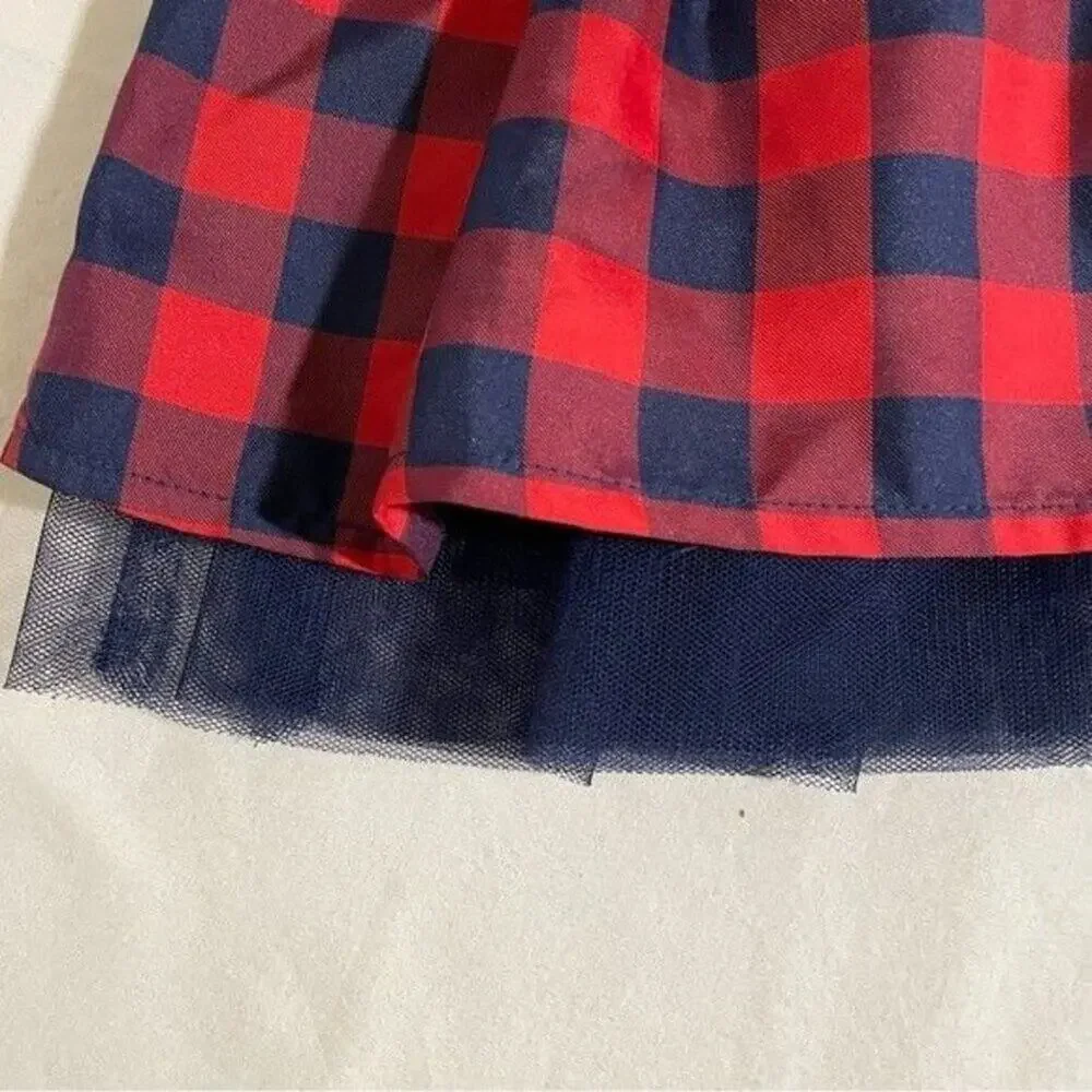 Cat & Jack Dress Girls Size 2T Plaid Red/Navy Velvet Waistband Tulle Lining